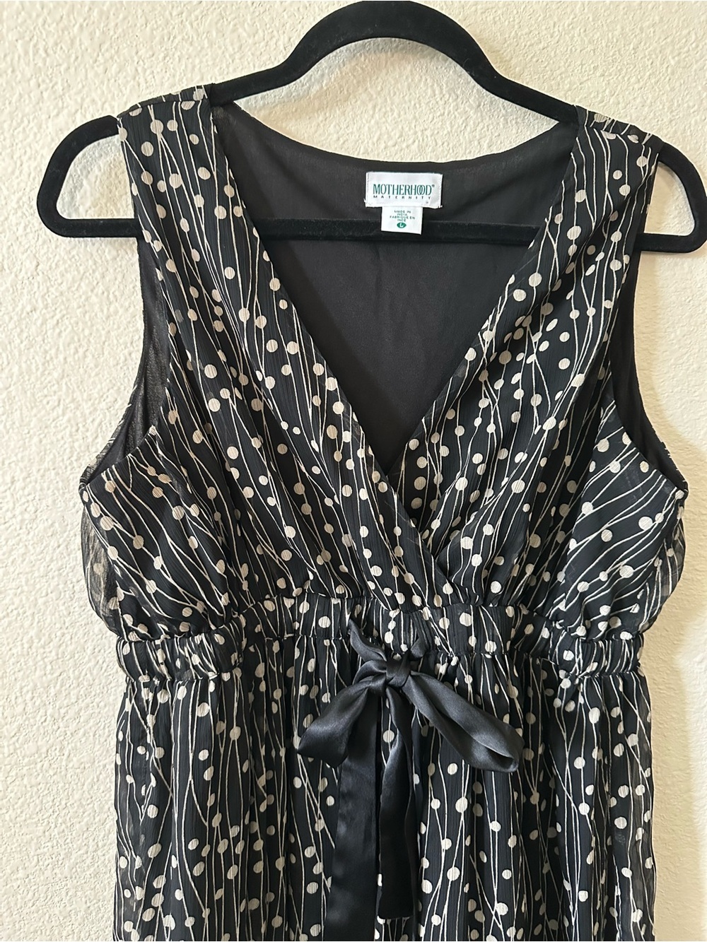 Motherhood Maternity Black Polka Dot Sleeveless Wrap Dress w/ Cream Dots size L/
